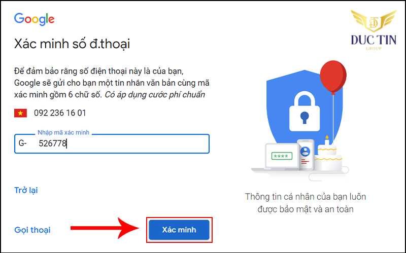 Xác minh tài khoản Gmail qua số điện thoại